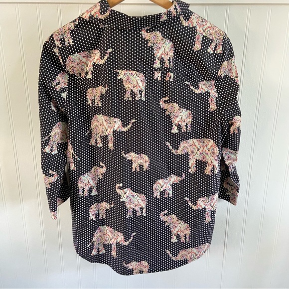 Chico's Size 1 Black Polka Dot Elephants Button Up Shirt No Iron Stain Sheild - Picture 9 of 14